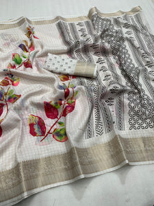 Designer hand printed saree with zari weaving checks and boder - Saree