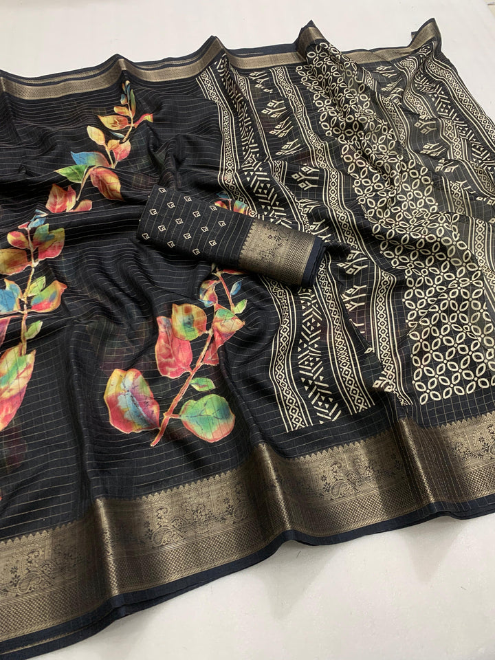 Designer hand printed saree with zari weaving checks and boder - Saree