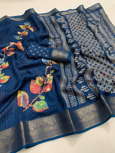 Designer hand printed saree with zari weaving checks and boder - Saree