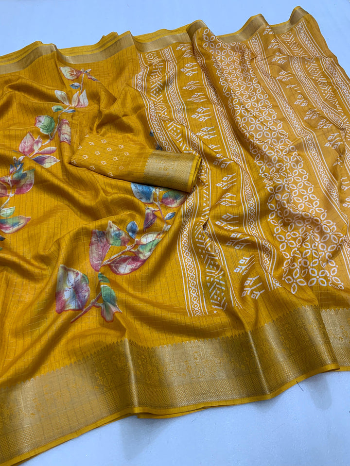 Designer hand printed saree with zari weaving checks and boder - Saree