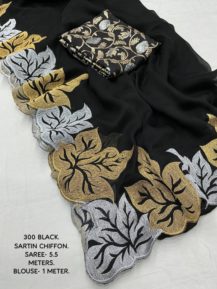 New fancy sartin chiffon emboridary saree.