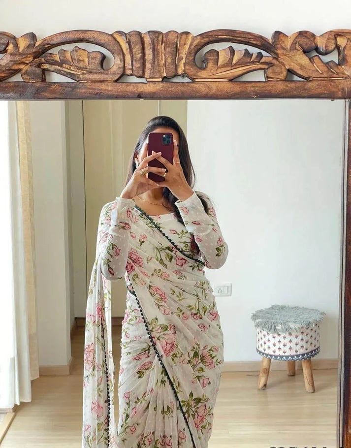Heavy wieghtless all over flower print and 1000 butti with beautiful contrast piping