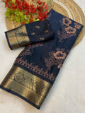 Soft delta moss saree with floral print and self jacquard all over with tassels on pallu