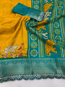 Beautiful Benny crape saree with all over kalamkari design along with scallop maggam work lace at border