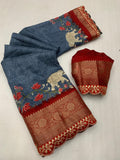 Beautiful Benny crape saree with all over kalamkari design along with scallop maggam work lace at border