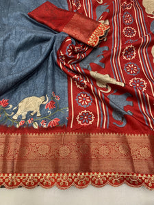 Beautiful Benny crape saree with all over kalamkari design along with scallop maggam work lace at border - Saree