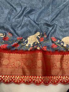 Beautiful Benny crape saree with all over kalamkari design along with scallop maggam work lace at border