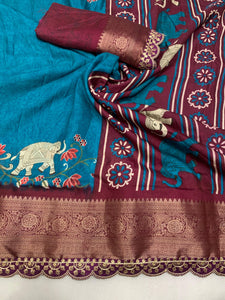 Beautiful Benny crape saree with all over kalamkari design along with scallop maggam work lace at border - Saree