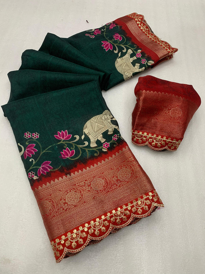 Beautiful Benny crape saree with all over kalamkari design along with scallop maggam work lace at border