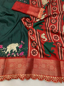 Beautiful Benny crape saree with all over kalamkari design along with scallop maggam work lace at border - Saree