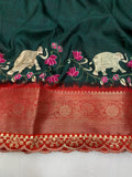 Beautiful Benny crape saree with all over kalamkari design along with scallop maggam work lace at border