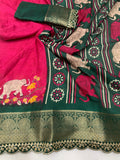 Beautiful Benny crape saree with all over kalamkari design along with scallop maggam work lace at border - Saree