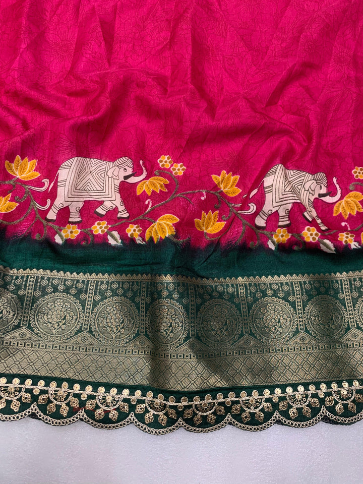 Beautiful Benny crape saree with all over kalamkari design along with scallop maggam work lace at border