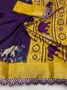 Beautiful Benny crape saree with all over kalamkari design along with scallop maggam work lace at border - Saree