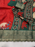 Beautiful Benny crape saree with all over kalamkari design along with scallop maggam work lace at border - Saree