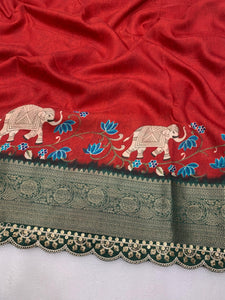 Beautiful Benny crape saree with all over kalamkari design along with scallop maggam work lace at border