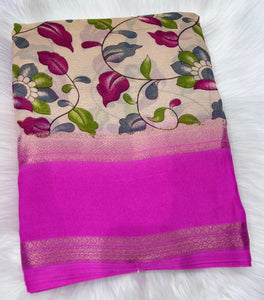 Soft Georgette saree with beautiful floral prints and heavy zari bentex border. - Saree