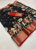 Soft Heavy Dolla Silk Fabric With Mill Print And Beautiful Jaquard Weaving Border And Contrast Printed Blouse