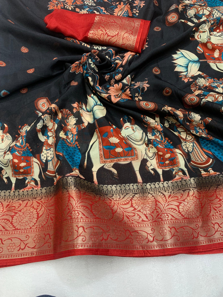 Soft Heavy Dolla Silk Fabric With Mill Print And Beautiful Jaquard Weaving Border And Contrast Printed Blouse