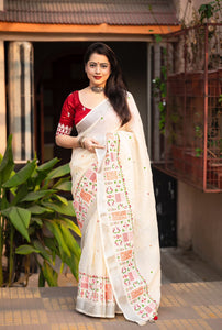 soft linen saree with silver woven pattu border