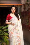 soft linen saree with silver woven pattu border