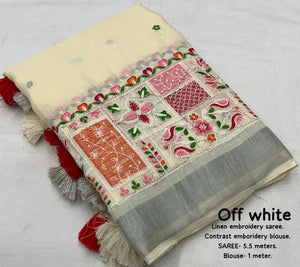 soft linen saree with silver woven pattu border