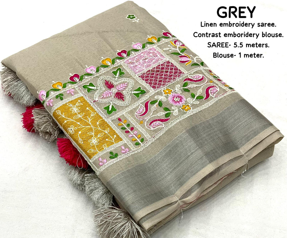 soft linen saree with silver woven pattu border