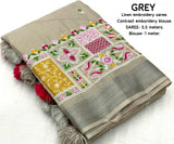 soft linen saree with silver woven pattu border