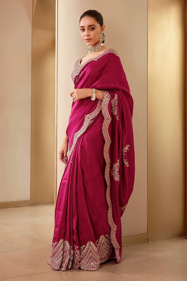 Soft red cherry color vichitra silk saree best for your any occasion