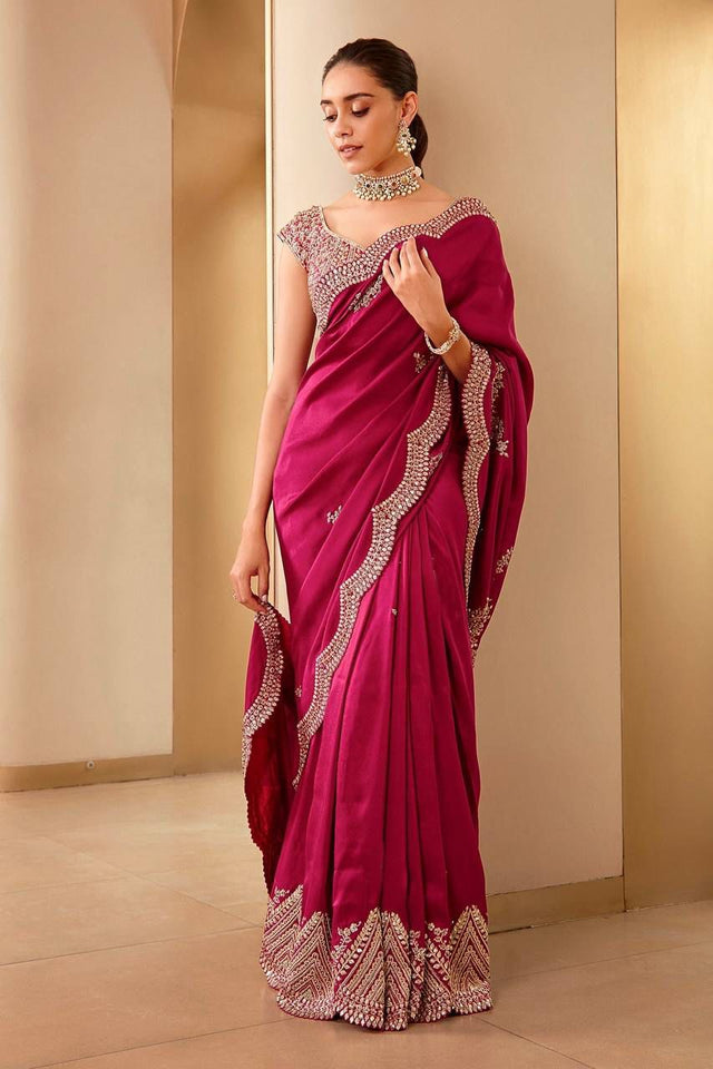 Soft red cherry color vichitra silk saree best for your any occasion