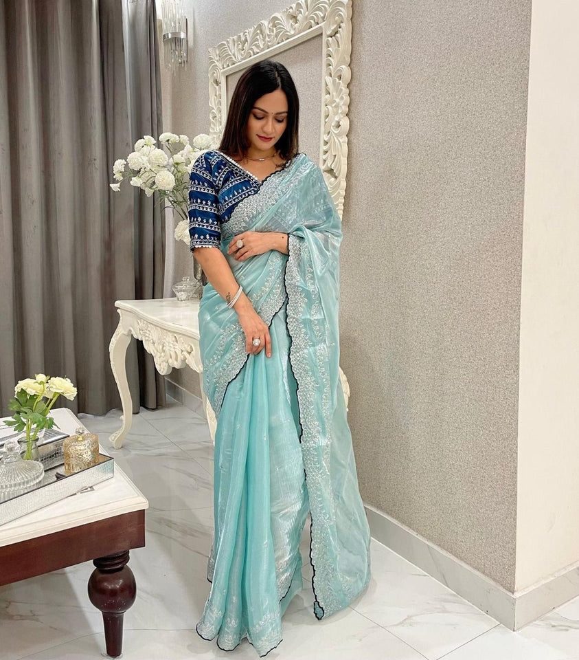 jimmy choo saree with dual color sequence and thread work