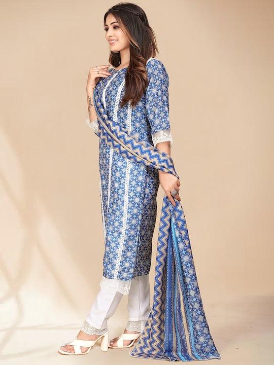 Blue printed Kurta with Trousers with dupatta - Saree