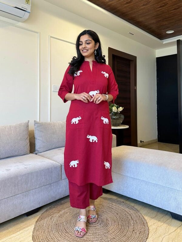 Elephant embroidered cotton pant set