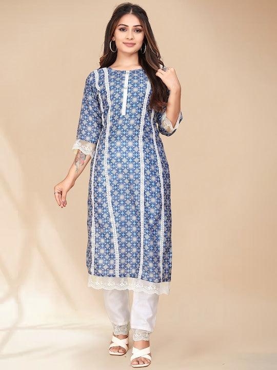 Blue printed Kurta with Trousers with dupatta