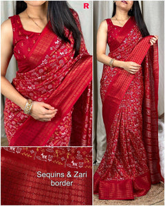 Kalamkari print saree with sequin & zari boder with printed blouse - Saree