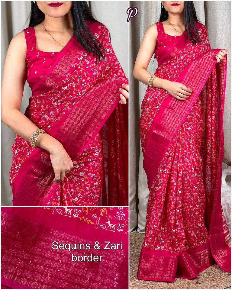 Kalamkari print saree with sequin & zari boder with printed blouse - Saree