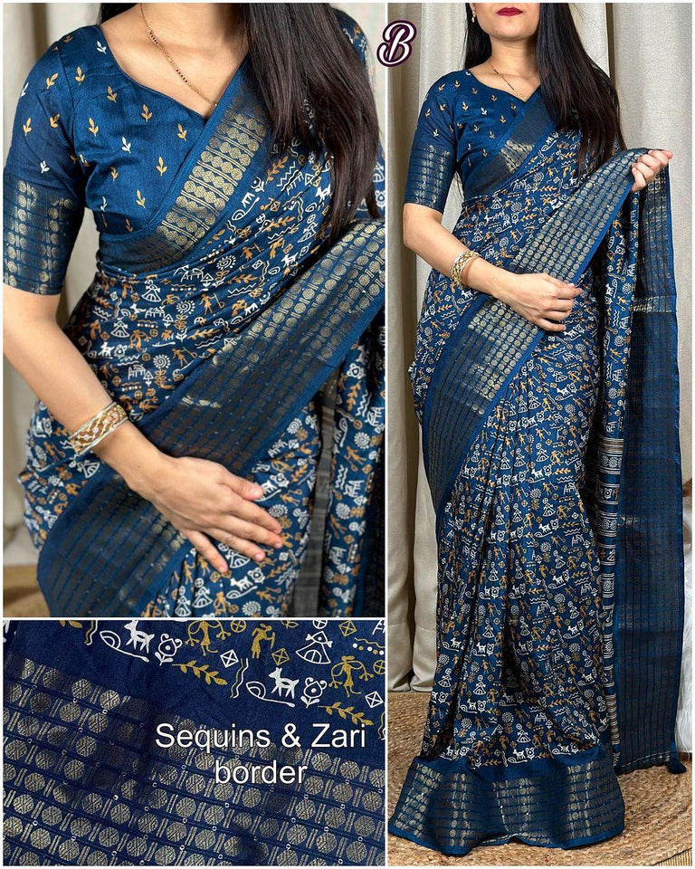 Kalamkari print saree with sequin & zari boder with printed blouse - Saree