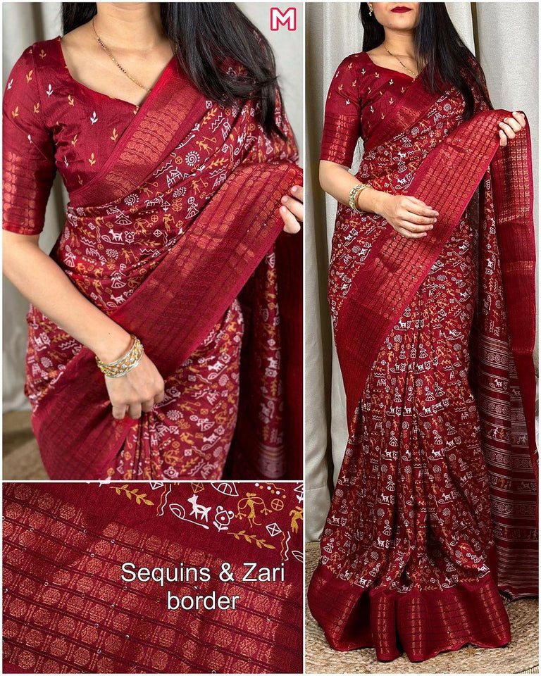 Kalamkari print saree with sequin & zari boder with printed blouse - Saree