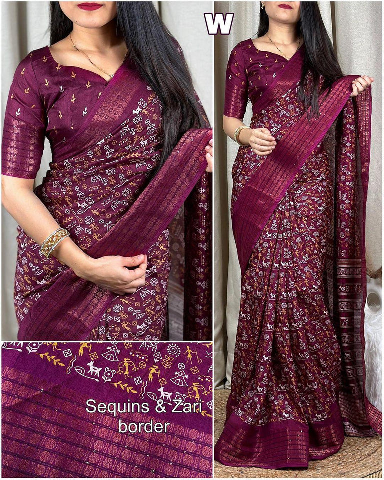 Kalamkari print saree with sequin & zari boder with printed blouse - Saree